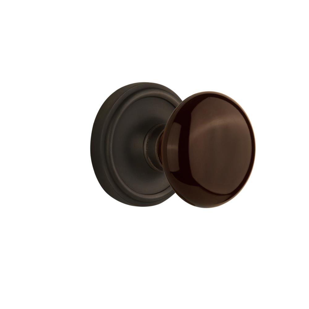 Nostalgic Warehouse CLABRN Passage Knob Classic Rose with Brown Porcelain Knob in Oil Rubbed Bronze